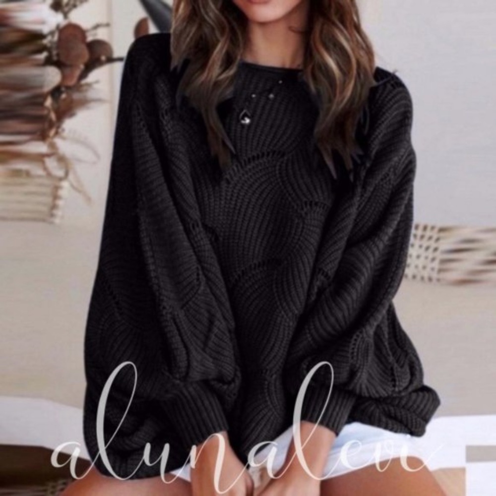 Boho Knit Sweater Scalloped Crochet - WHITE - Picture 2 of 15